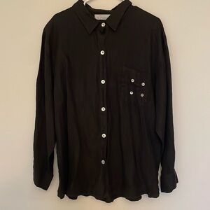 Willow 100% Linen Solid Black Button Down Blouse Shirt Women L Made in USA